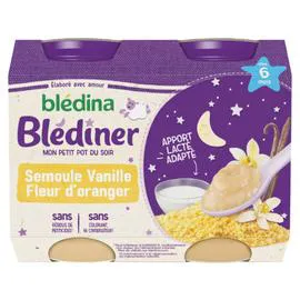 BLÉDINA, BLÉDÎNER Petit pot bébé soir dès 6 mois semoule vanille fleur d'oranger 2x200g