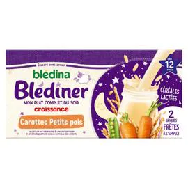 BLÉDINA, BLÉDÎNER Lait et céréales bébé dès 12 mois repas du soir saveur carottes petits pois Croissance 2x250ml