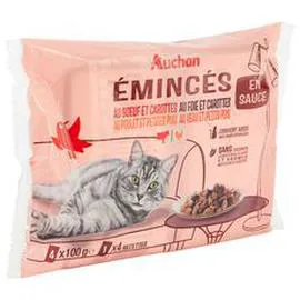 AUCHAN Sachets repas émincés en sauce viandes et légumes pour chat 4x100g