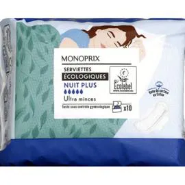 MONOPRIX Serviettes Écologiques Nuit Plus Ultra Minces X10 l'unité