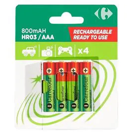 CARREFOUR Pile rechargeable AAA/HR03 800mAh préchargée x4 x4