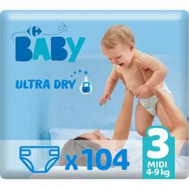 CARREFOUR BABY Couches bébé taille 3 midi : 4-9 kg ultra dry x104