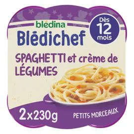 BLÉDINA, BLÉDICHEF Plat bébé dès 12 mois spaghetti et crème de légumes 2x230g