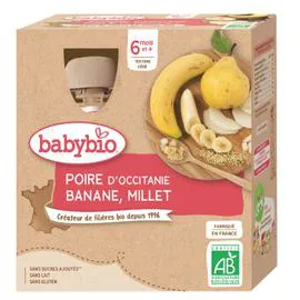 BABYBIO Gourde bébé - 6 mois Bio banane millet / Poire 4x90g