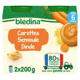 BLÉDINA Petit pot bébé dès 6 mois carottes semoule dinde 2x200g
