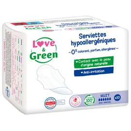 LOVE AND GREEN Serviettes Hypoallergéniques Nuit x10