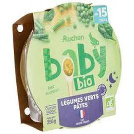 AUCHAN BABY BIO Assiette de légumes verts et pâtes dès 15 mois 250g