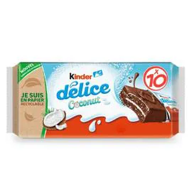 KINDER Gâteaux enrobés au cacao et fourrés noix de coco Délice x10