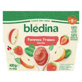 BLÉDINA Purée de fruits bébé dès 8 mois pommes fraises menthe 4x100g