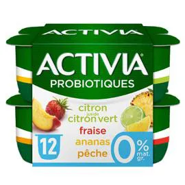 DANONE, ACTIVIA Yaourt aux fruits 0% MG bifidus citron fraise ananas pêche 12x125g
