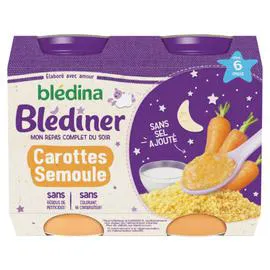 BLÉDINA, BLÉDÎNER Petit pot bébé soir dès 6 mois carottes semoule 2x200g