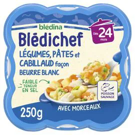BLÉDINA, BLÉDICHEF Plat bébé dès 24 mois légumes pâtes et cabillaud façon beurre blanc 250g
