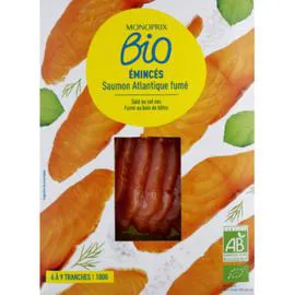 MONOPRIX BIO Emincés de saumon Atlantique fumé bio 100g