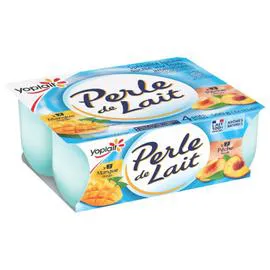 YOPLAIT, PERLE DE LAIT Yaourt fruits jaunes pêche mangue brassé 4x125g