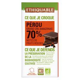 ÉTHIQUABLE Chocolat noir 70% cacao notes fruits rouges Pérou Bio 100g