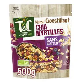 TERRES & CÉRÉALES BIO Céréales muesli croustillant graine de chia & myrtille sans gluten et sans huile de palme Bio 500g