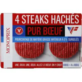 MONOPRIX Steaks hachés pur boeuf 5% MG, surgelés. 400g