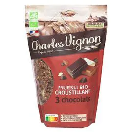 CHARLES VIGNON Céréales muesli croustillant 3 chocolats Bio 375g