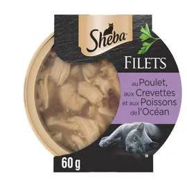 SHEBA Pâtée pour chat adulte filets au poulet aux crevettes et aux poissons de l'Océan 60g