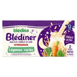 BLÉDINA, BLÉDÎNER Lait et céréales bébé dès 12 mois repas du soir saveur légumes variés Croissance 2x250ml
