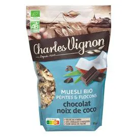 CHARLES VIGNON Céréales muesli pépites et flocons chocolat noix de coco Bio 375g