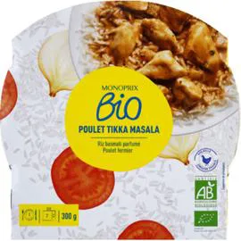 MONOPRIX BIO Poulet Tikka Masala, riz basmat parfumé, poulet fermier 300g
