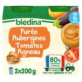 BLÉDINA Petit pot bébé dès 6 mois purée aubergines tomates agneau 2x200g