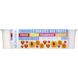 MONOPRIX Yaourt sans morceaux brassés aux fruits fraise, framboise ou abricot ou pêche 1kg
