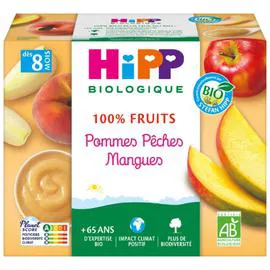 HIPP BIOLOGIQUE Pommes pêches mangues BIO 100% Fruits, dès 8 mois 4x100g