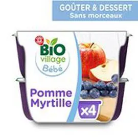 MARQUE REPÈRE, BIO VILLAGE Purée 4 mois Pomme myrtilles bio 4x100g