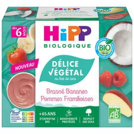 HIPP BIOLOGIQUE Délice Végétal Brassé Végétal Bananes Pommes Framboises Bio Coupelles Dès 6 Mois 4x100g