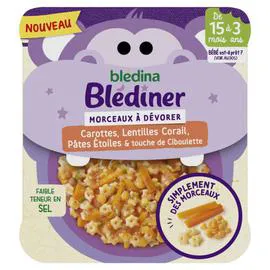 BLÉDINA Petit Plat Morceaux à dévorer Carottes, Lentilles Corail, Pâtes Etoiles & touche de ciboulette de 15 mois à 3 ans 200g