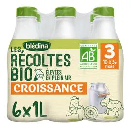 BLÉDINA, LES RECOLTES BIO Lait bébé de croissance liquide - 10 à 36 mois 6x1l