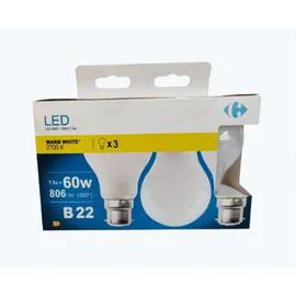 CARREFOUR Ampoule LED B22 Standard Blanc-chaud 60W X3 x3
