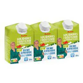 AUCHAN SOLIDAIRES Crème semi épaisse légère 18% MG UHT 3x20cl