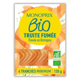 MONOPRIX BIO Truite fumée salée au sel sec, fumée au bois de hêtre bio 120g