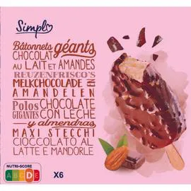 CARREFOUR SIMPL Glaces bâtonnets chocolat lait amandes 6x82g