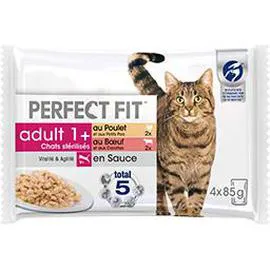 PERFECT FIT Pâtée pour chat stérilisé poulet et boeuf en sauce 4x85g
