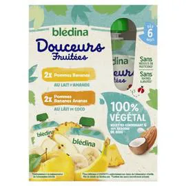 BLÉDINA Compote bébé à boire dès 6 mois pommes bananes lait d'amande et pommes bananes ananas lait de coco 4x90g
