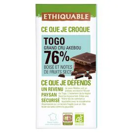ÉTHIQUABLE Chocolat noir 76% cacao boisé et notes fruits secs Togo Bio 100g