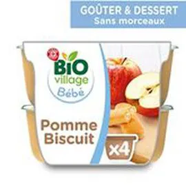 MARQUE REPÈRE, BIO VILLAGE Purée 6 mois Pomme Biscuit bio 4x100g