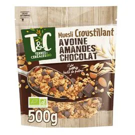 TERRES & CÉRÉALES BIO Céréales muesli croustillant d'avoine, amande chocolat sans huile de palme Bio 500g