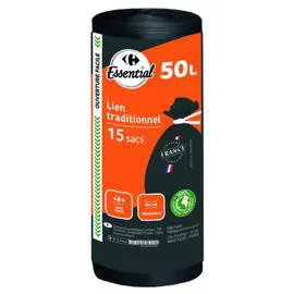 ESSENTIAL Sac poubelle à lien traditionnel 50L x15