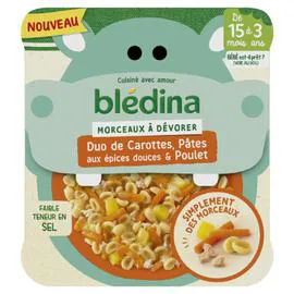 BLÉDINA Plat bébé dès 15 mois morceaux de carottes pâtes aux épices douces et poulet 200g