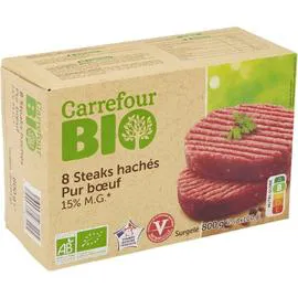 CARREFOUR BIO Steaks hachés bio pur boeuf 15% MG 8x100g