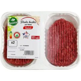 CARREFOUR SENSATION Steaks hachés halal pur boeuf 15% MG 2x100g