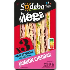 SODEBO Sandwiches pain suédois jambon cheddar 230g