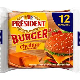PRÉSIDENT Fromage en Tranches à Burger Cheddar et Emmental 200g