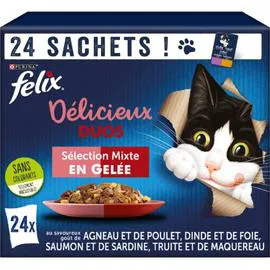 PURINA, FELIX Pâtée pour chat adulte duos en gelée 24x85g
