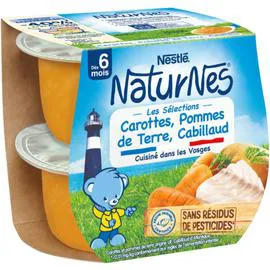 NESTLÉ, NATURNES Plat bébé dès 6 mois, carottes pdt cabillaud 2x200g